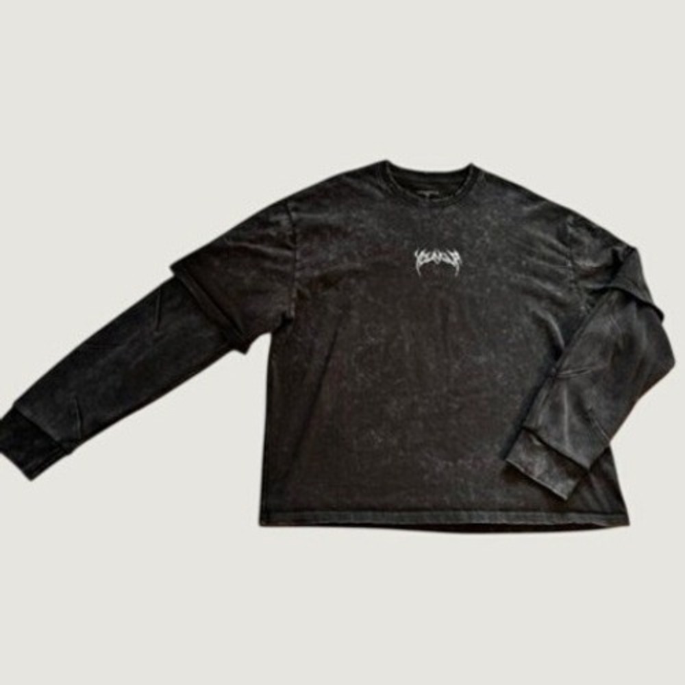YoungLA Mens Acid Wash Layered Long Sleeve Shirt Distressed Waffle Knit Gray L